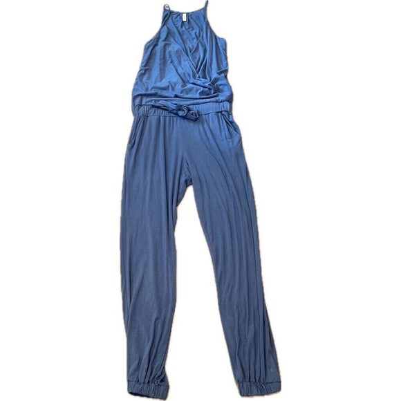 Elan Spaghetti Strap Crossover V-Neck Jogger Belted‎ Jumpsuit Blue Small - Picture 6 of 12